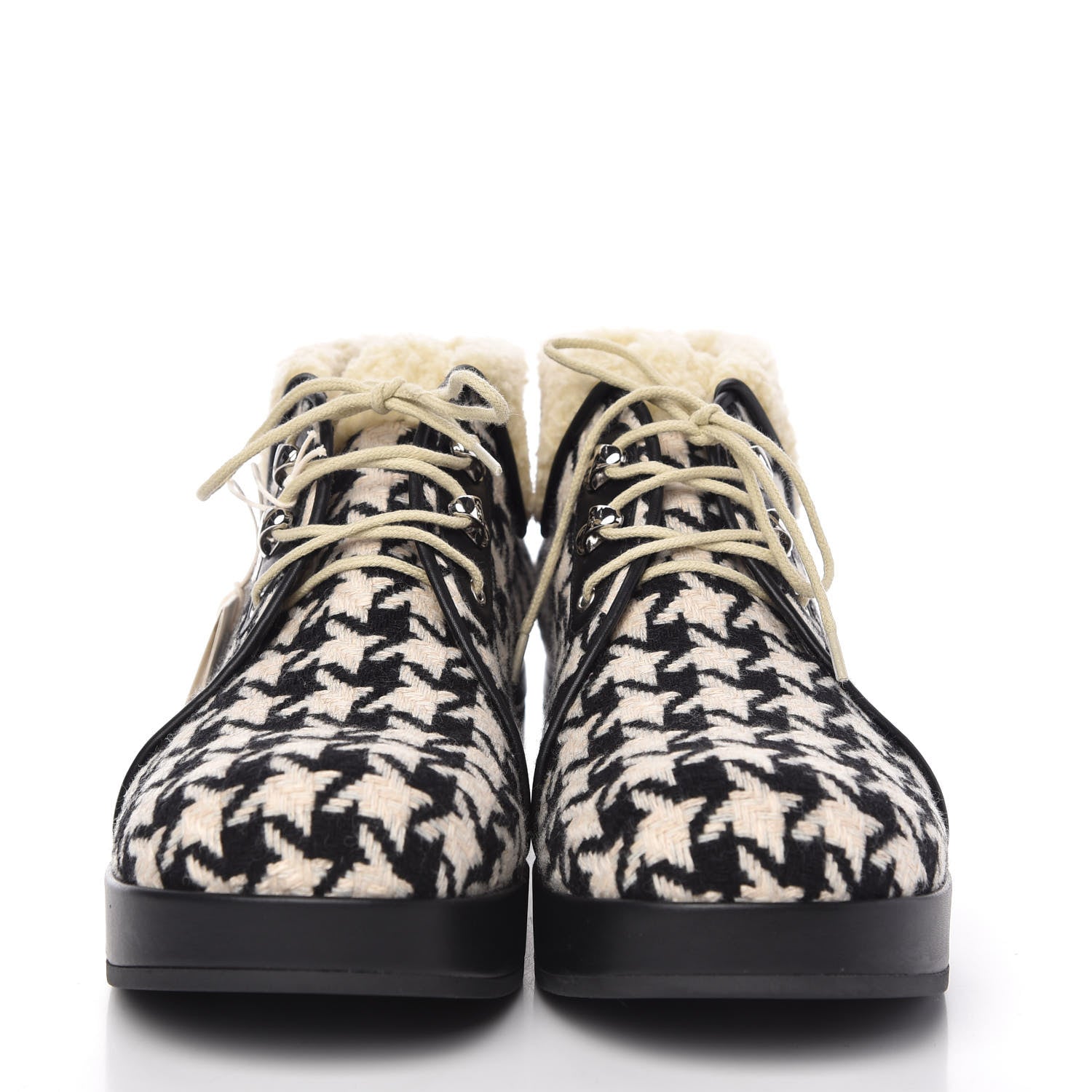Gucci Optical Tweed Faux Shearling Houndstooth Victor Lace Up Ankle Boots 41 White Black 2 of 8