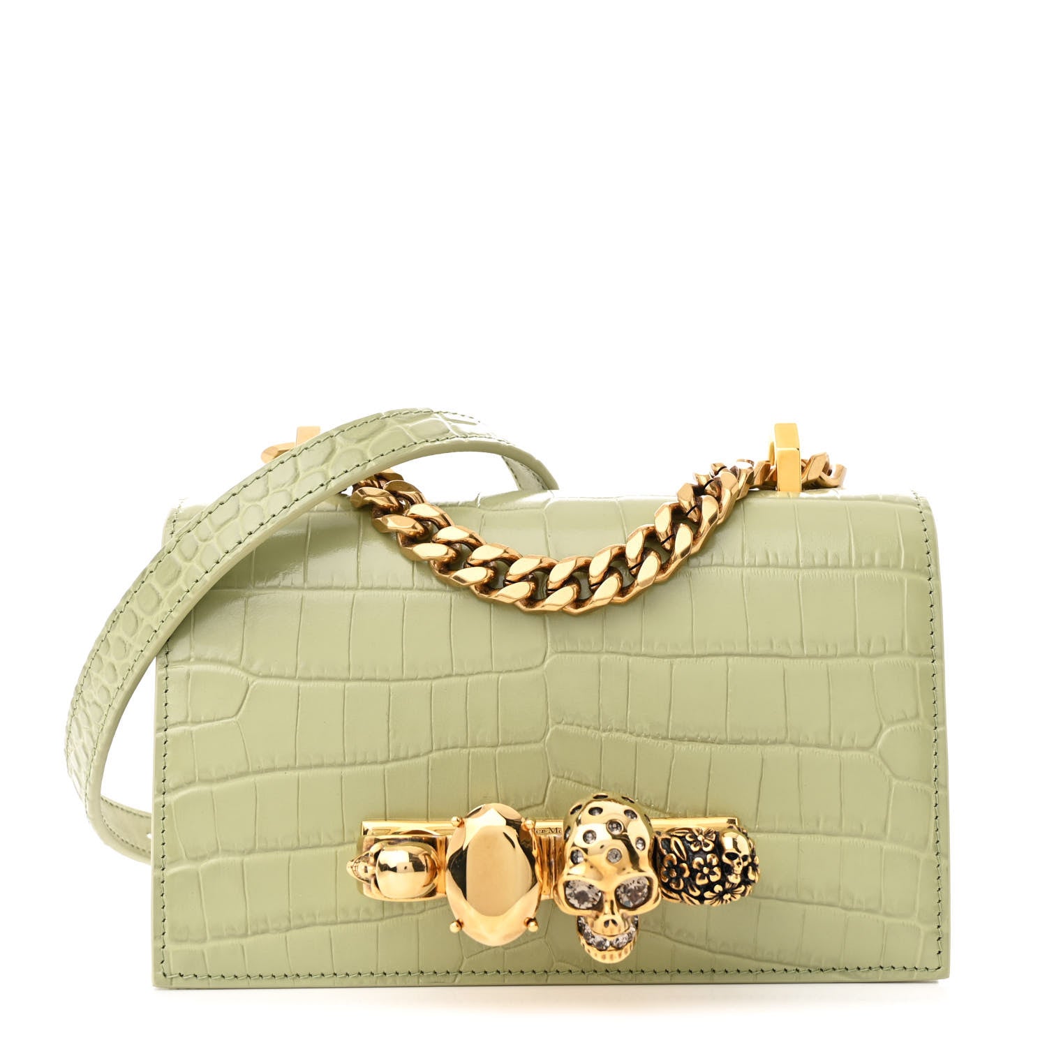 Alexander McQueen Calfskin Crocodile Embossed Knuckle Shoulder Bag Sage 1 of 10