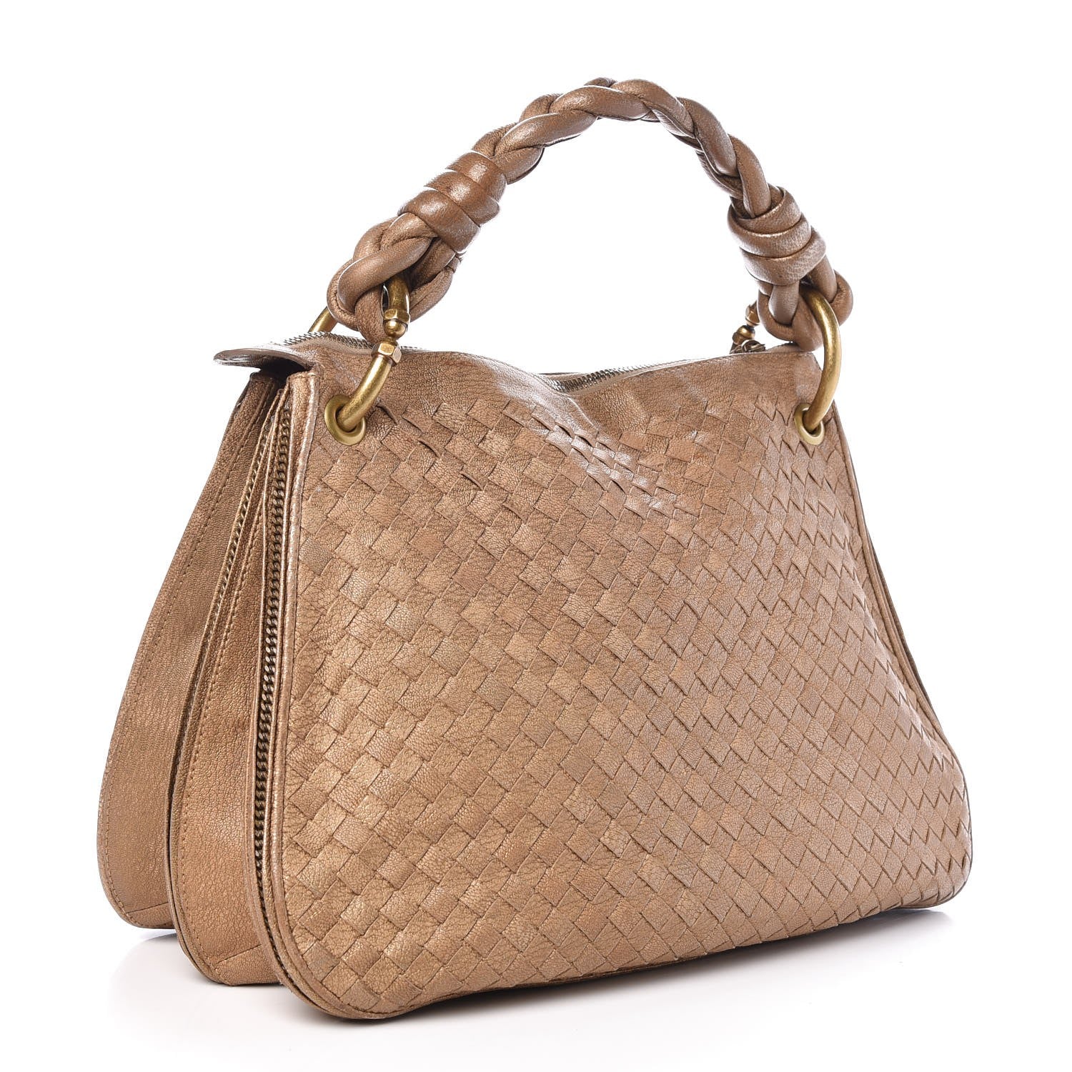 Bottega Veneta Metallic Goatskin Intrecciato Braided Zip Hobo Gold 3 of 22