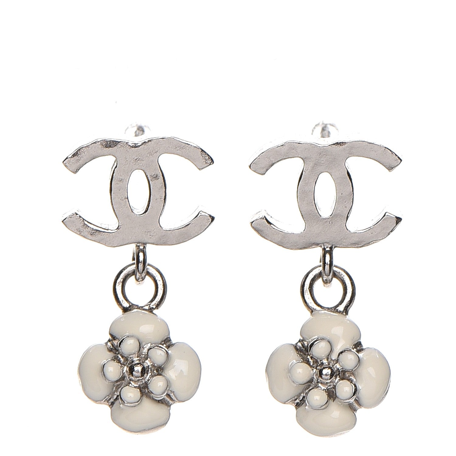 Chanel Enamel CC Camellia Drop Earrings Silver 1 of 4