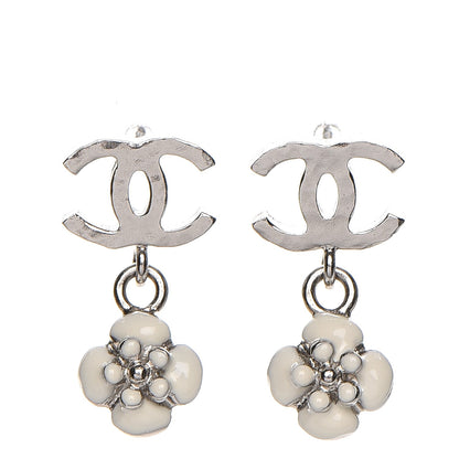 Chanel Enamel CC Camellia Drop Earrings Silver 1 of 4