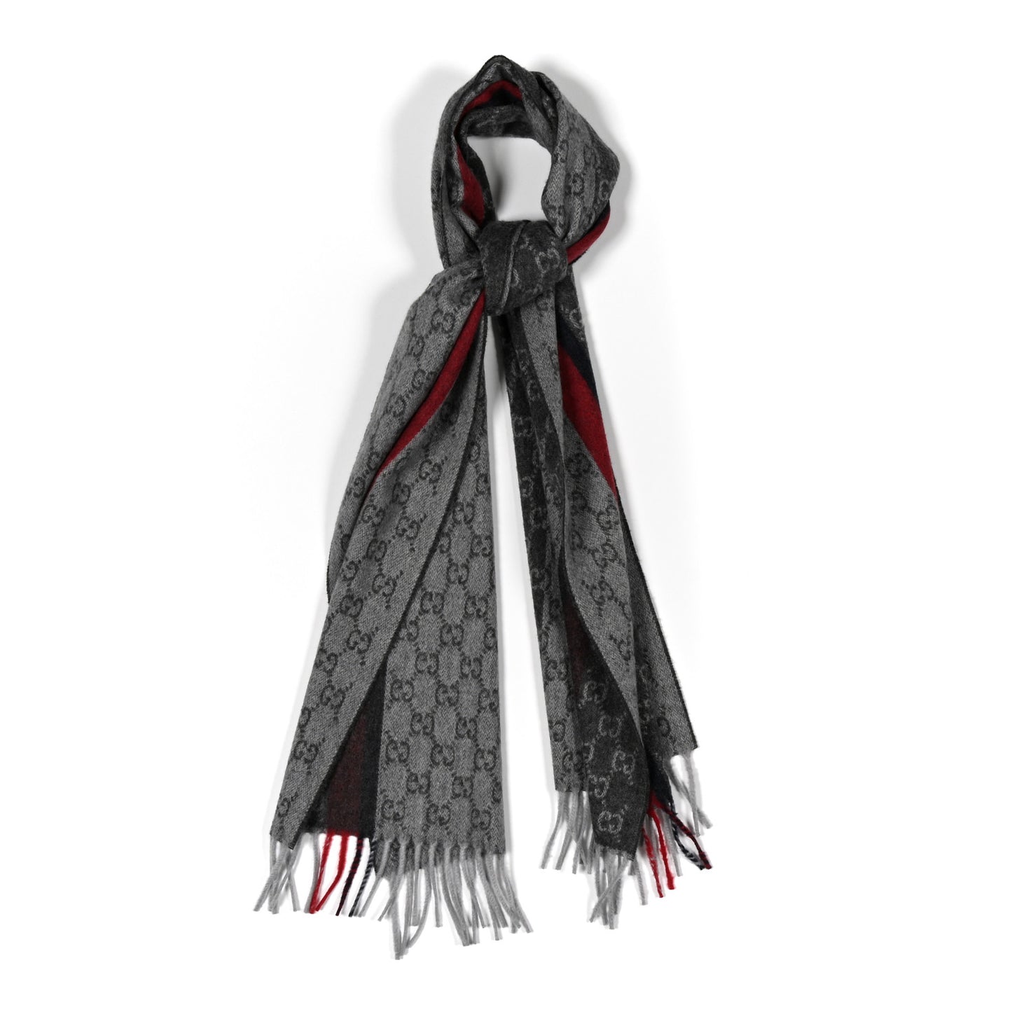 Cashmere Monogram Web Fringe Scarf Grey Red Navy
