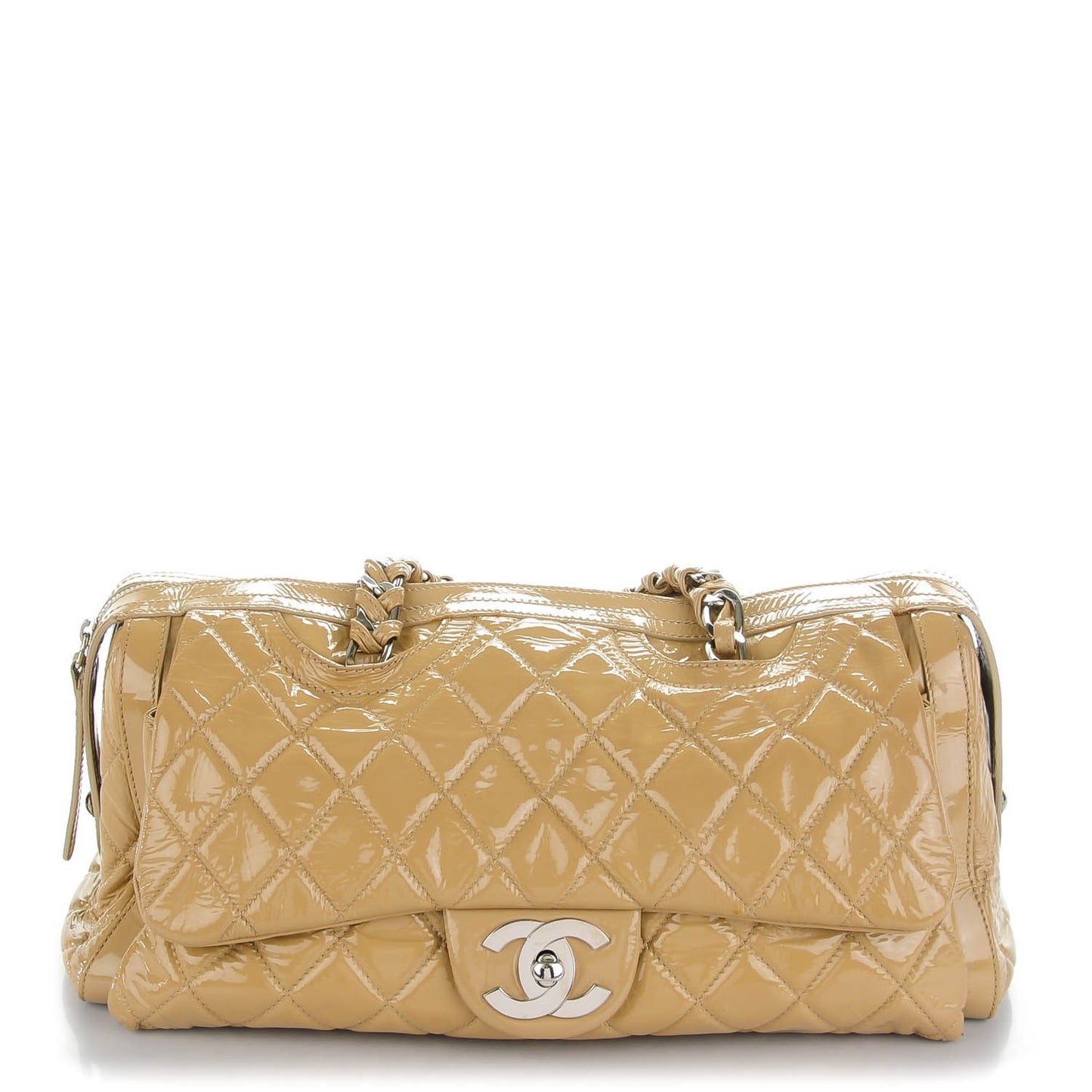 Patent Quilted Day Glo Flap Bag Beige