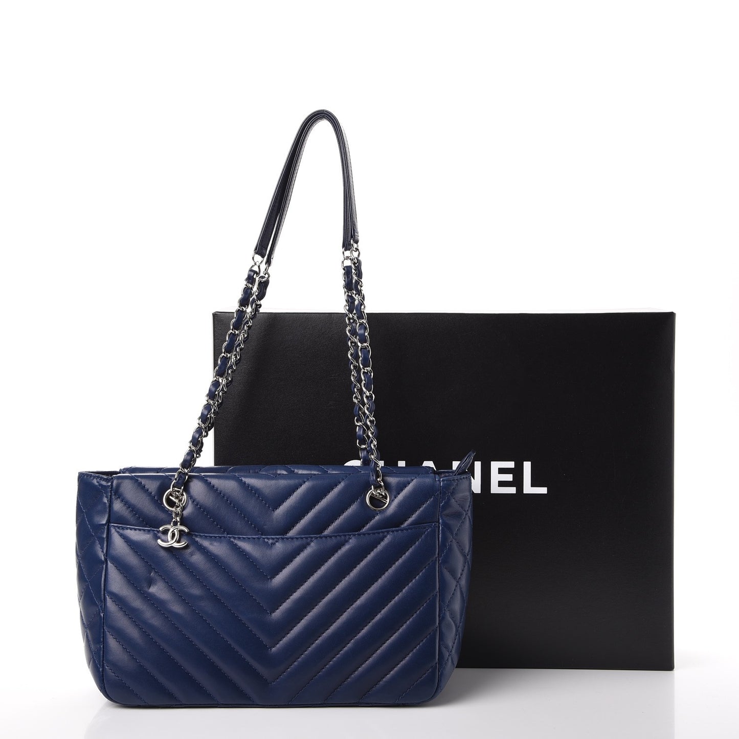 Lambskin Surpique Chevron Small Tote Dark Blue