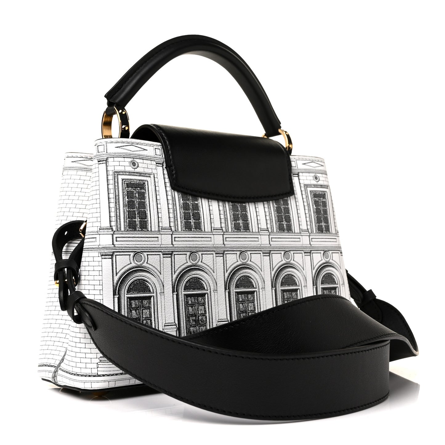 X FORNASETTI Calfskin Architettura Capucines BB Black White