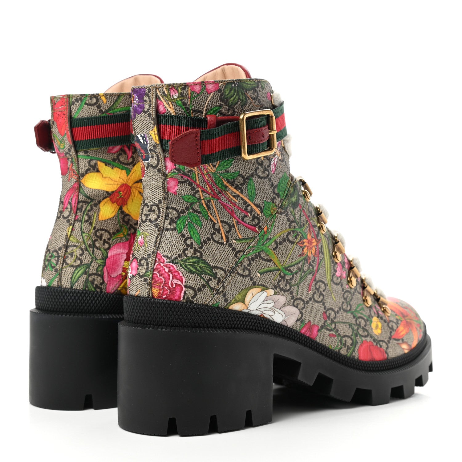 Gucci GG Supreme Monogram Flora Lace Up Combat Ankle Boots 39.5 Beige Multicolor Red 4 of 11