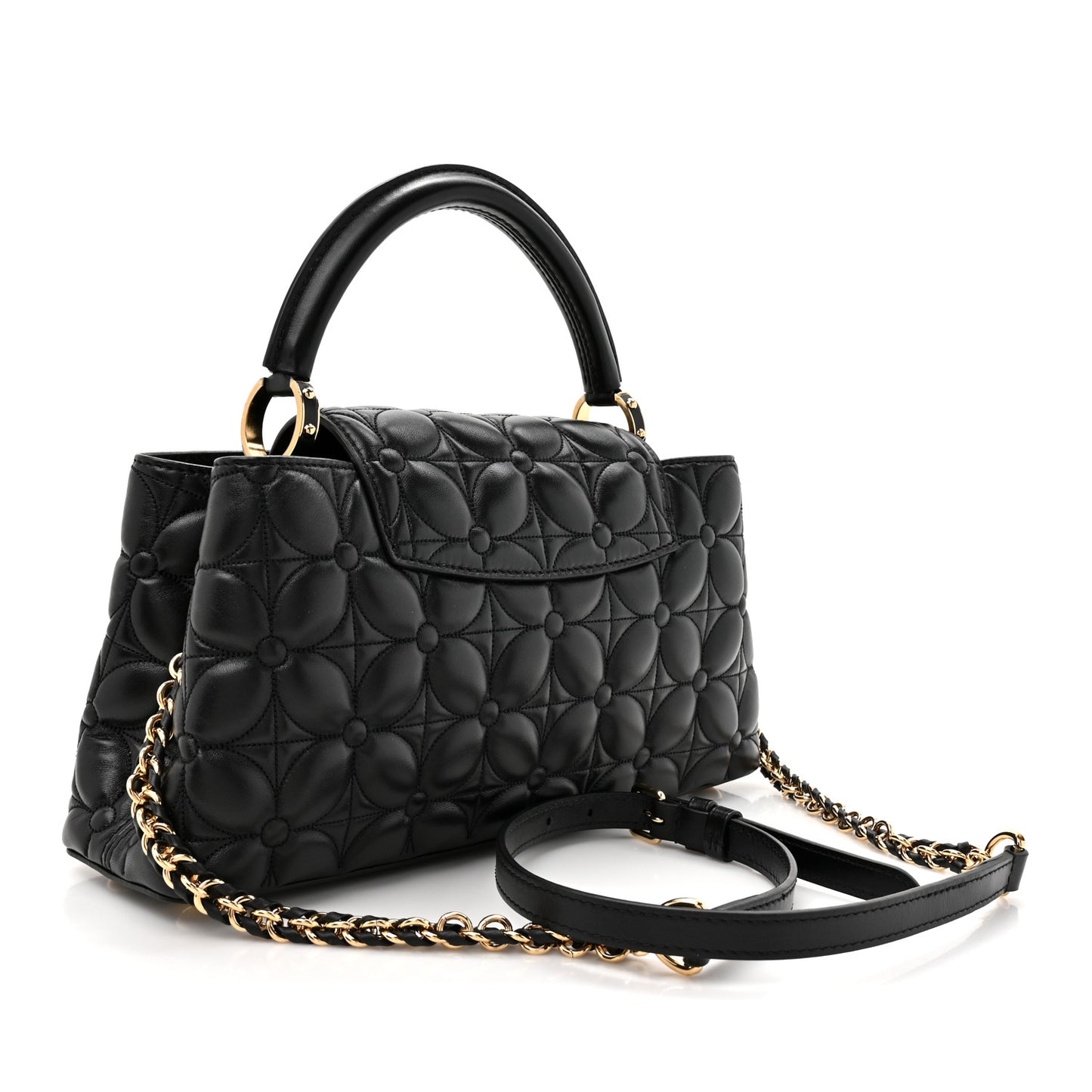 Lambskin Quilted Flower Capucines East West MM Black