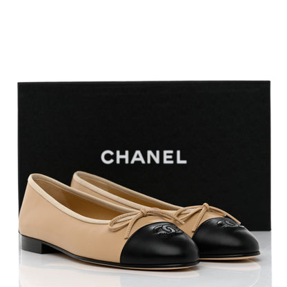Chanel Lambskin Cap Toe CC Ballerina Flats 38 Beige Black 9 of 9