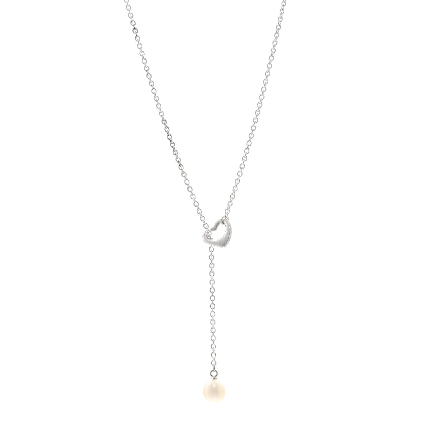 Tiffany Sterling Silver Cultured Pearl 7.5-8mm Elsa Peretti Open Heart Lariat Necklace 1 of 4