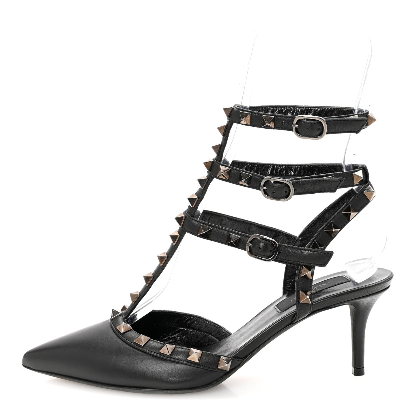 Calfskin Nappa Monochrome Rockstud Ankle Strap 65mm Pumps 37.5 Black