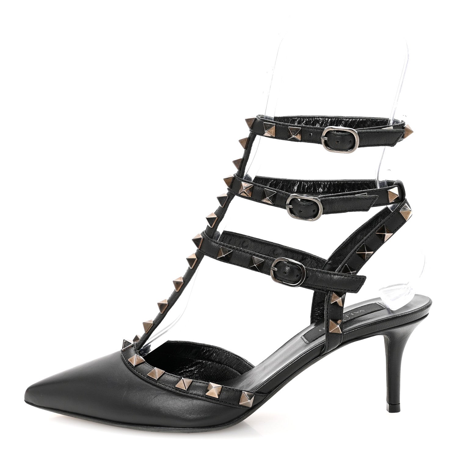 Valentino Garavani Calfskin Nappa Monochrome Rockstud Ankle Strap 65mm Pumps 37.5 Black 1 of 8