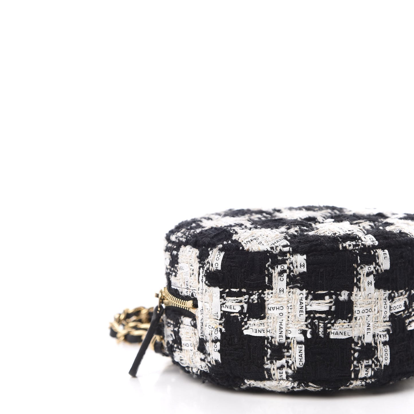 Tweed Round Clutch With Chain Black White