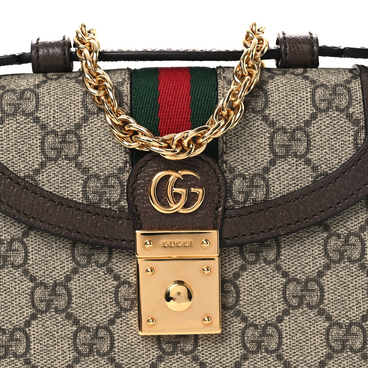 GG Supreme Monogram Textured Dollar Calfskin Web Mini Ophidia Padlock Top Handle Chain Shoulder Bag Beige Ebony New Acero