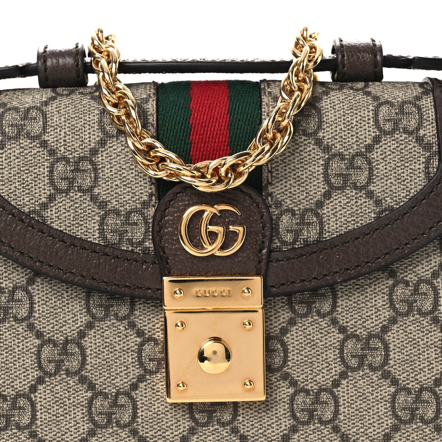 Gucci GG Supreme Monogram Textured Dollar Calfskin Web Mini Ophidia Padlock Top Handle Chain Shoulder Bag Beige Ebony New Acero 8 of 11