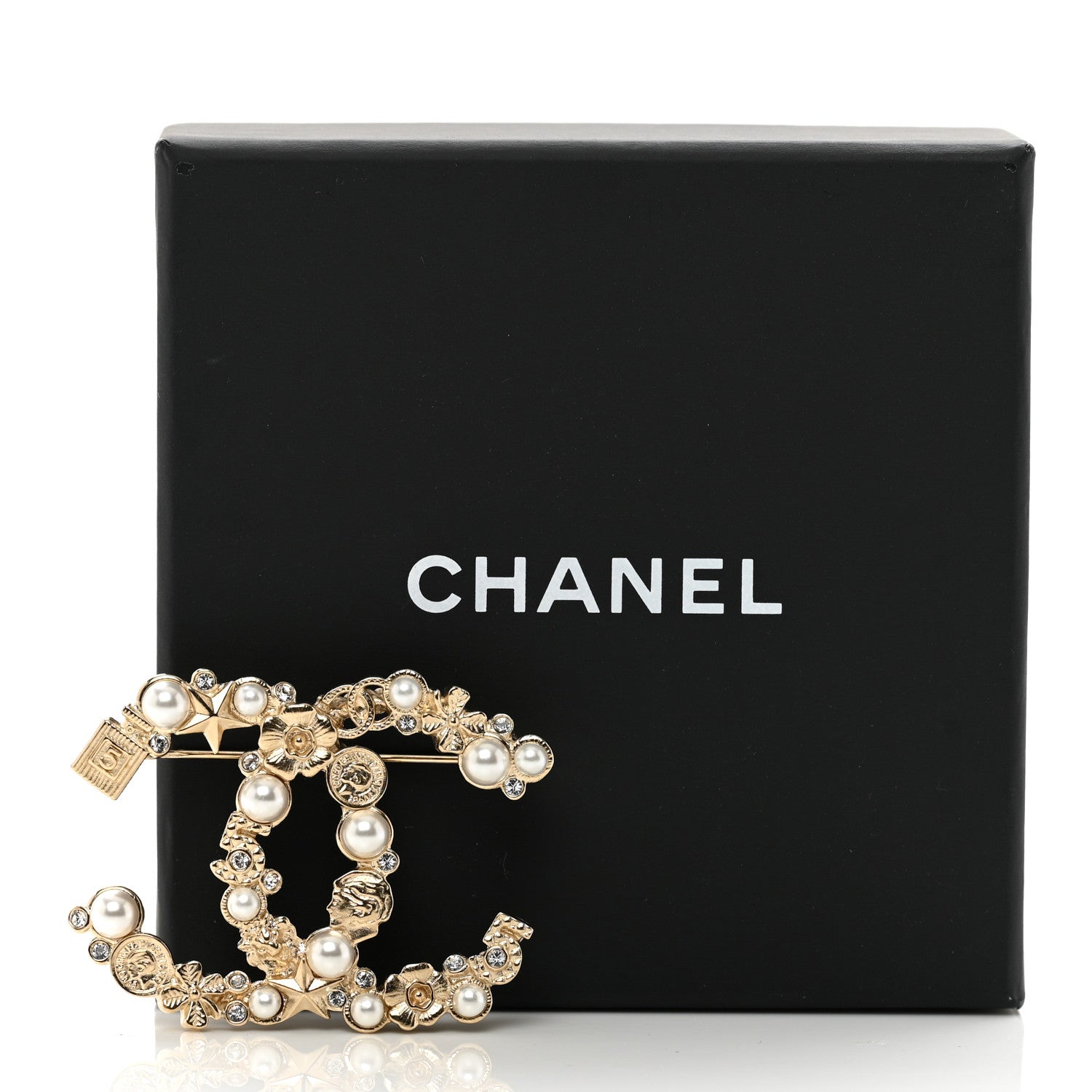 Chanel Pearl Crystal CC Lucky Symbols Brooch Gold 5 of 5