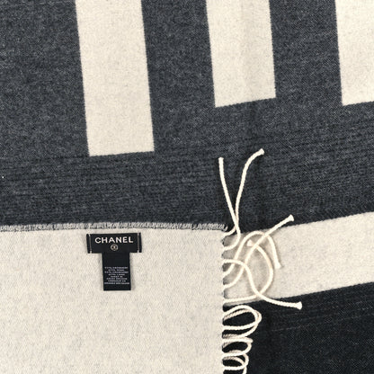 Chanel Cashmere Wool Logo Stole Black White 3 of 3