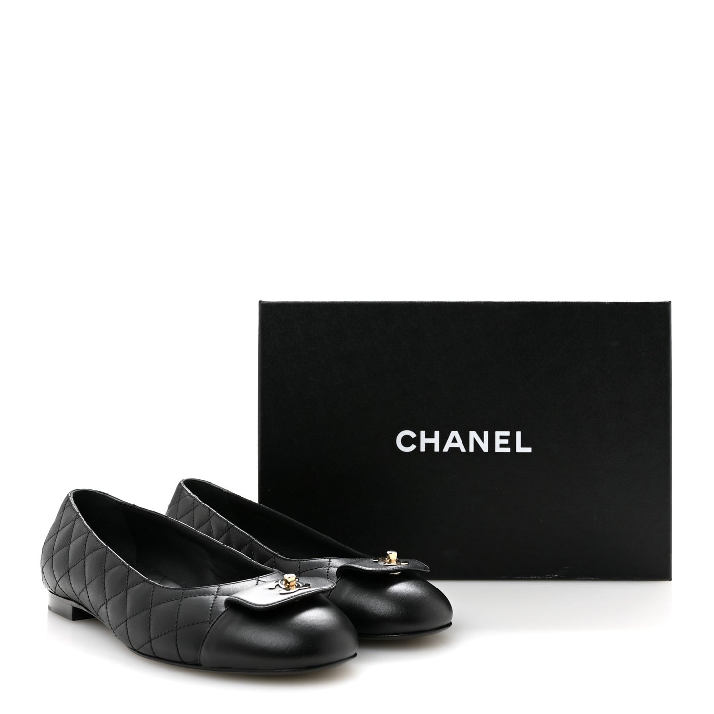 Calfskin Lambskin Quilted CC Cap Toe Ballerina Flats 37 Black