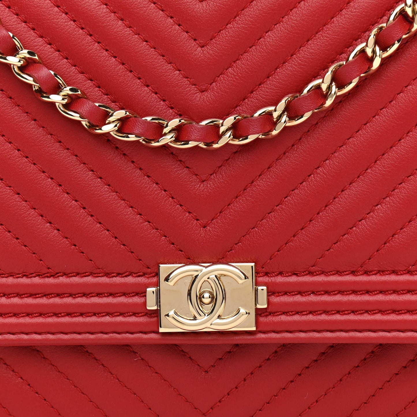 Calfskin Chevron Quilted Boy Wallet On Chain WOC Red