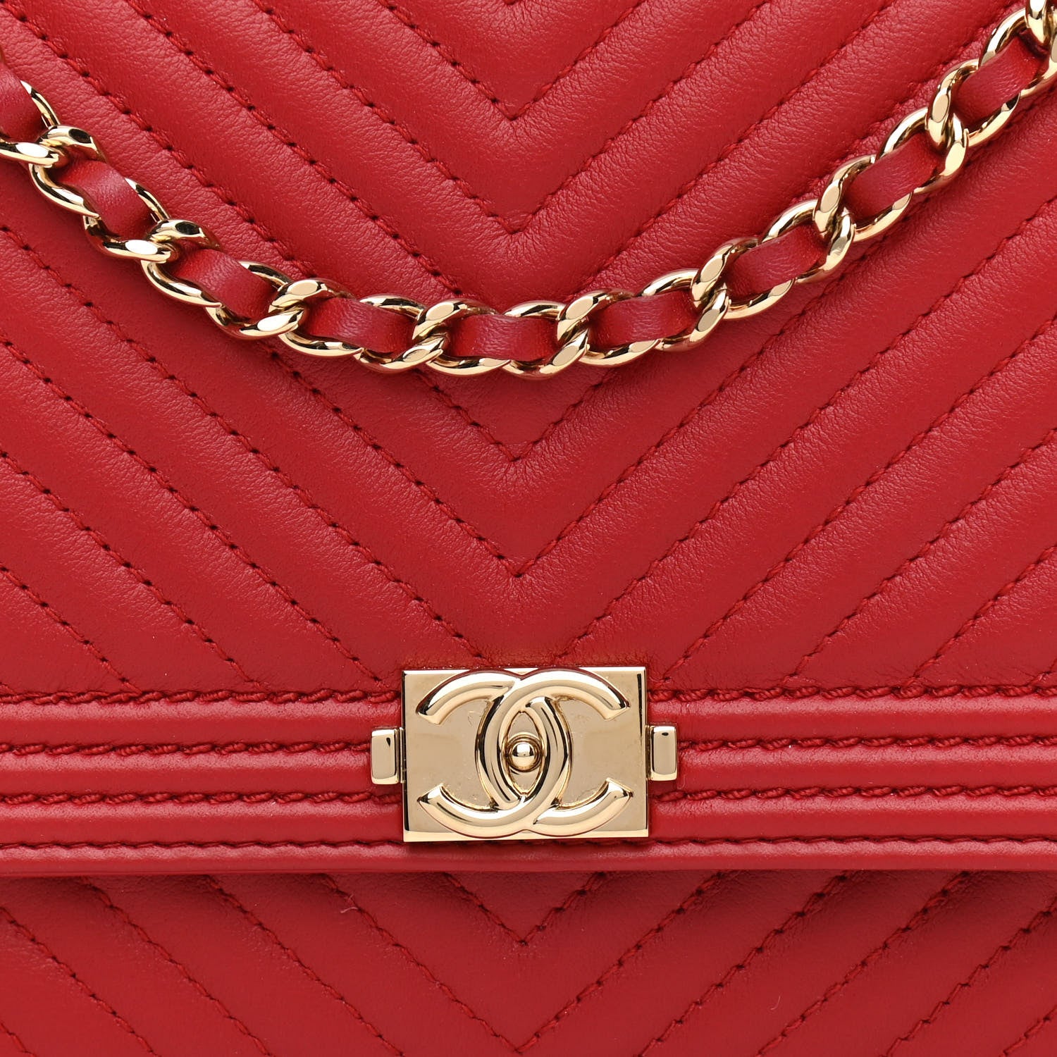 Chanel Calfskin Chevron Quilted Boy Wallet On Chain WOC Red 9 of 12