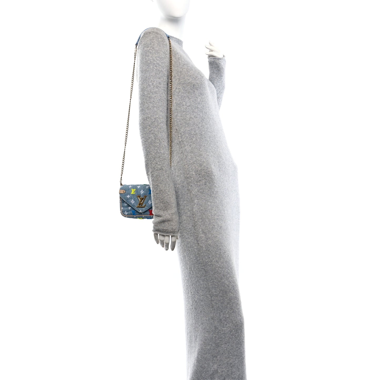 Embroidered Monogram Denim New Wave Chain Pochette Blue
