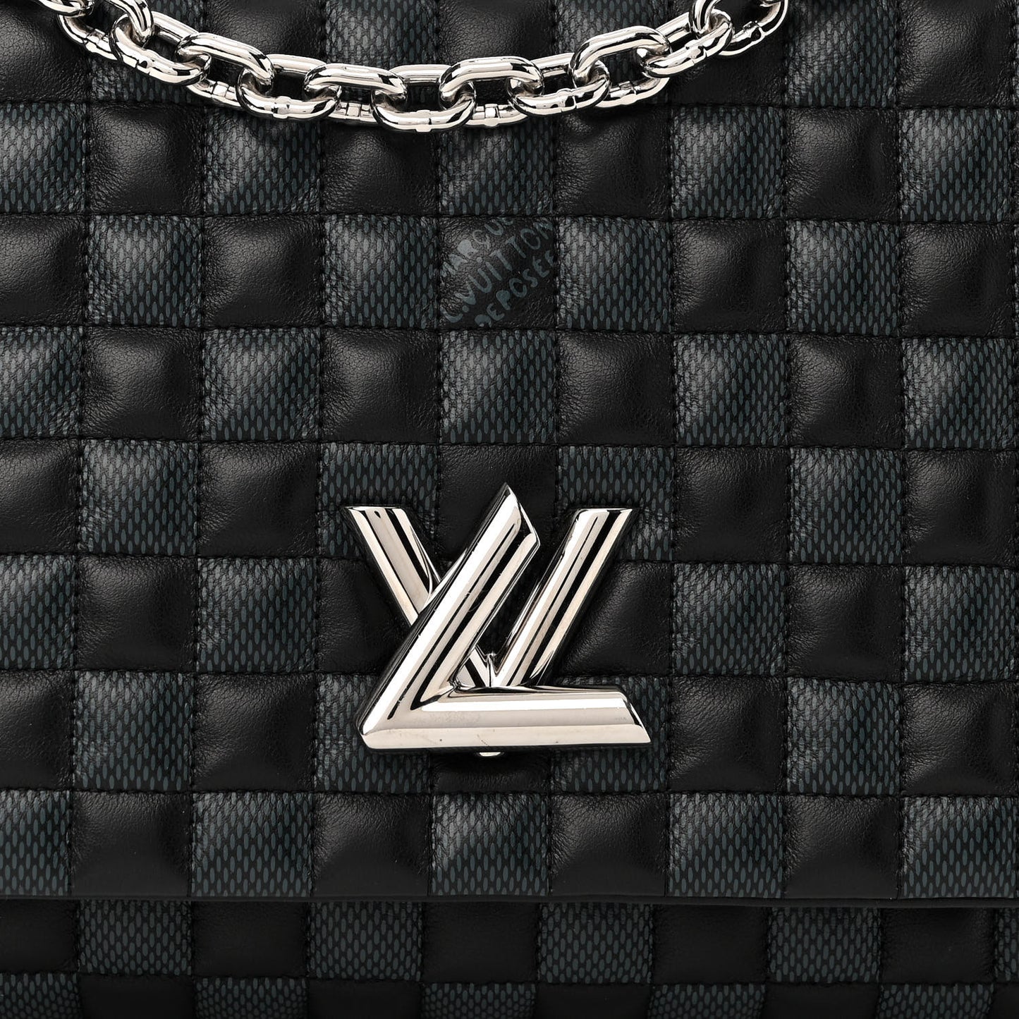 Calfskin Quilted Damier Twist MM Black Anthracite