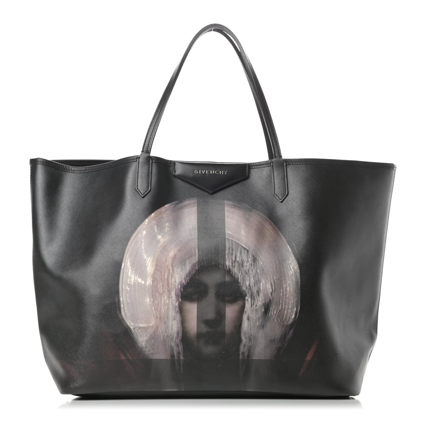 Textured Coated Canvas Madonna Print Large Antigona Tote Black