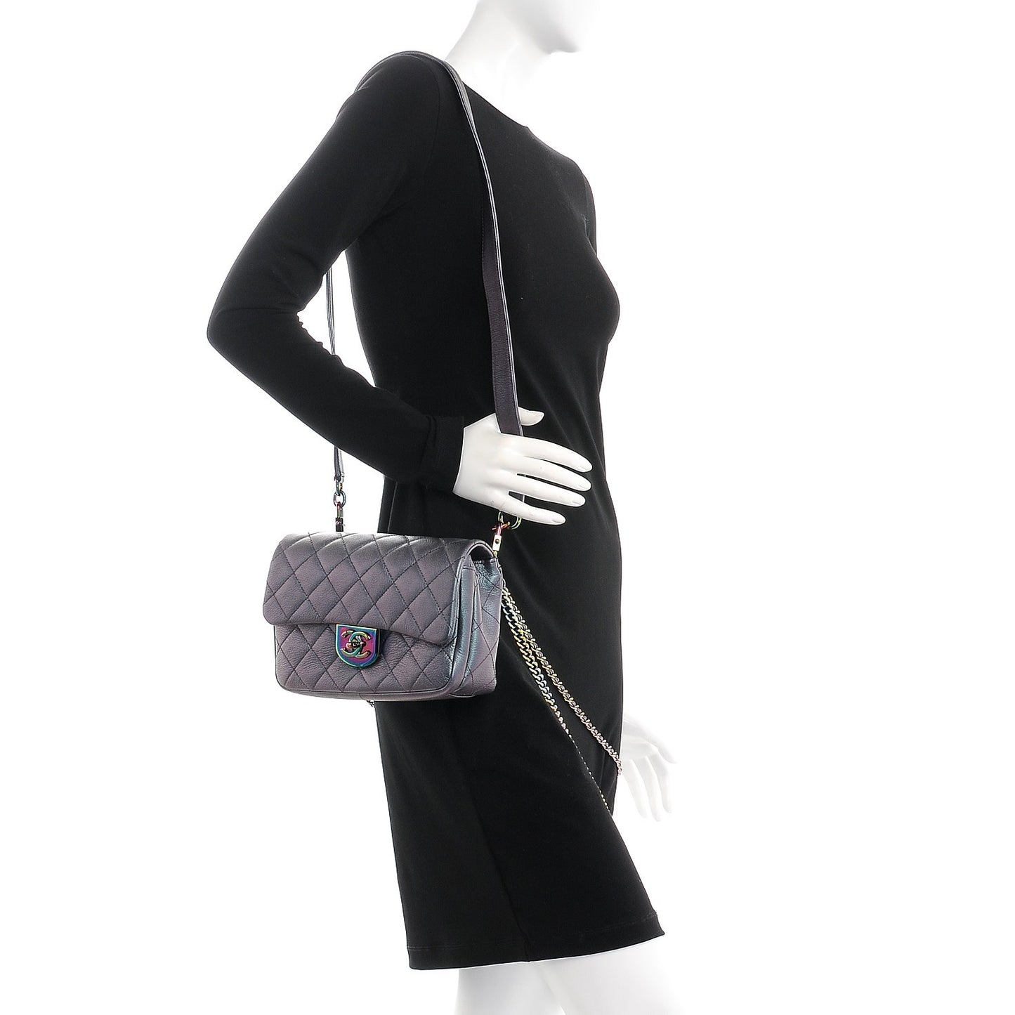 Iridescent Goatskin Quilted Small Double Carry Waist Chain Flap Purple