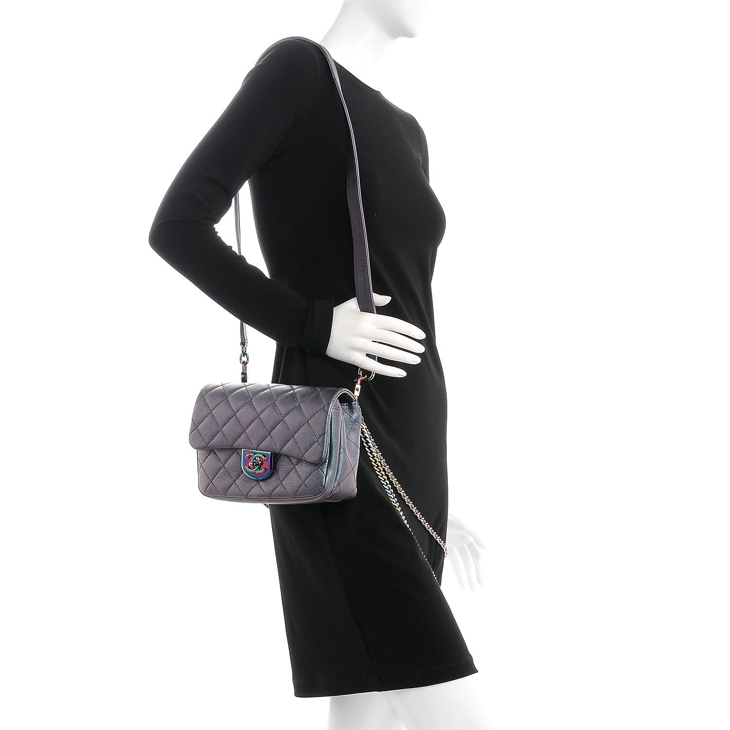 Chanel Iridescent Goatskin Quilted Small Double Carry Waist Chain Flap Purple 2 of 9