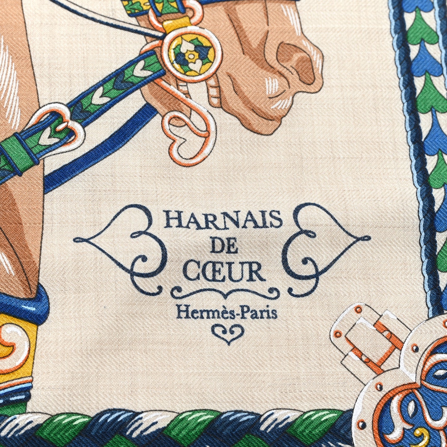 Cashmere Silk Harnais De Cour Scarf 45 Naturel Vert Bleu