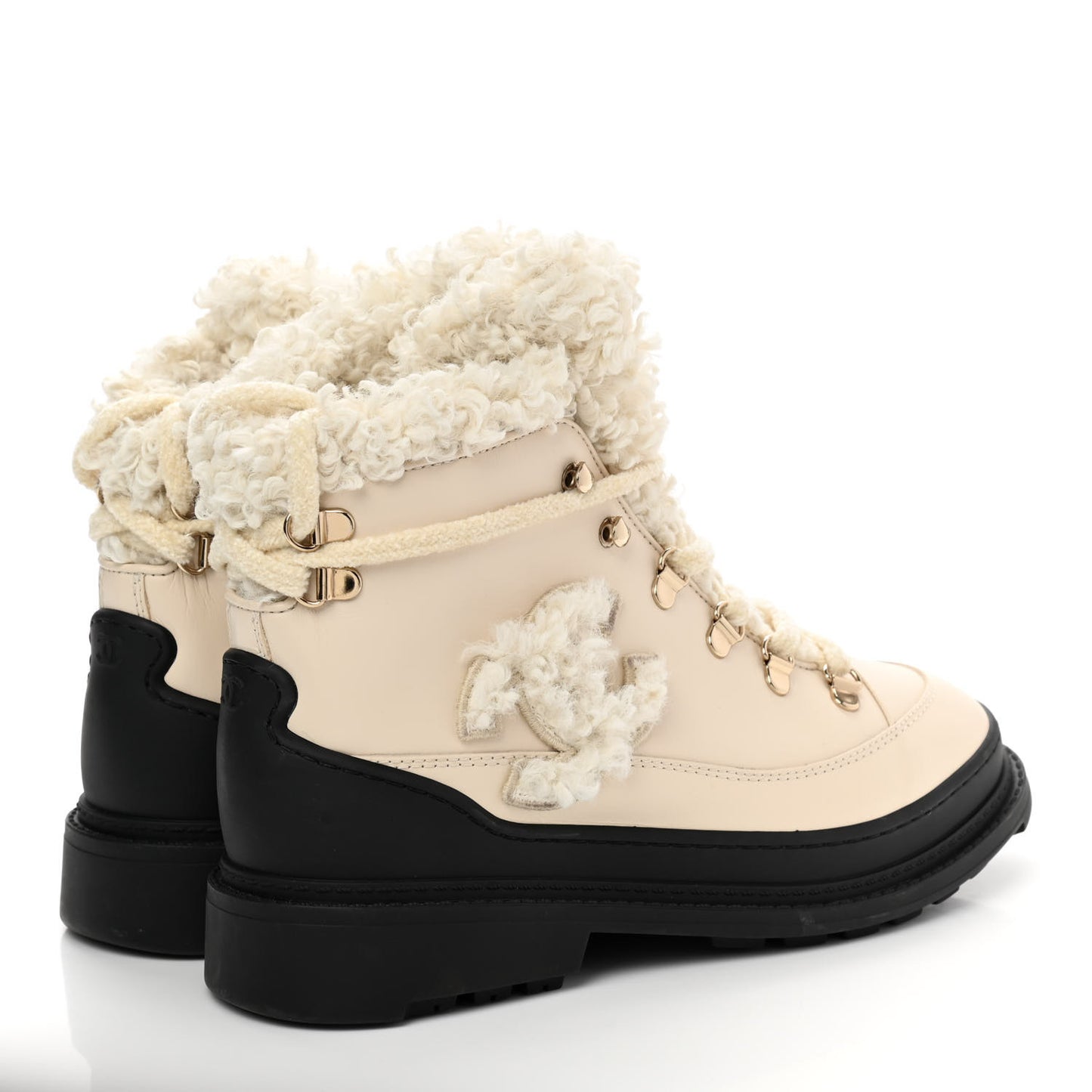 Calfskin Shearling CC Lace Up Boots 36.5 Light Beige Ivory