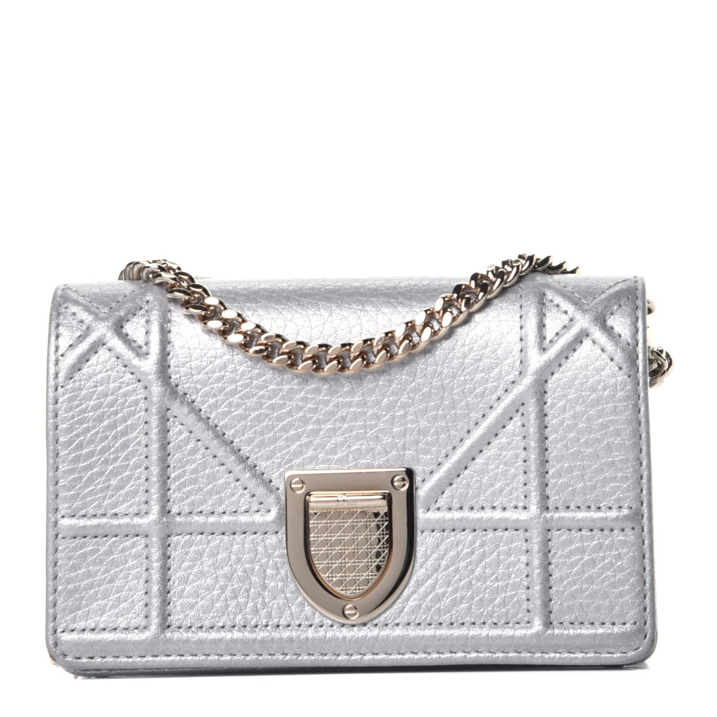 Metallic Grained Calfskin Baby Diorama Flap Bag Silver