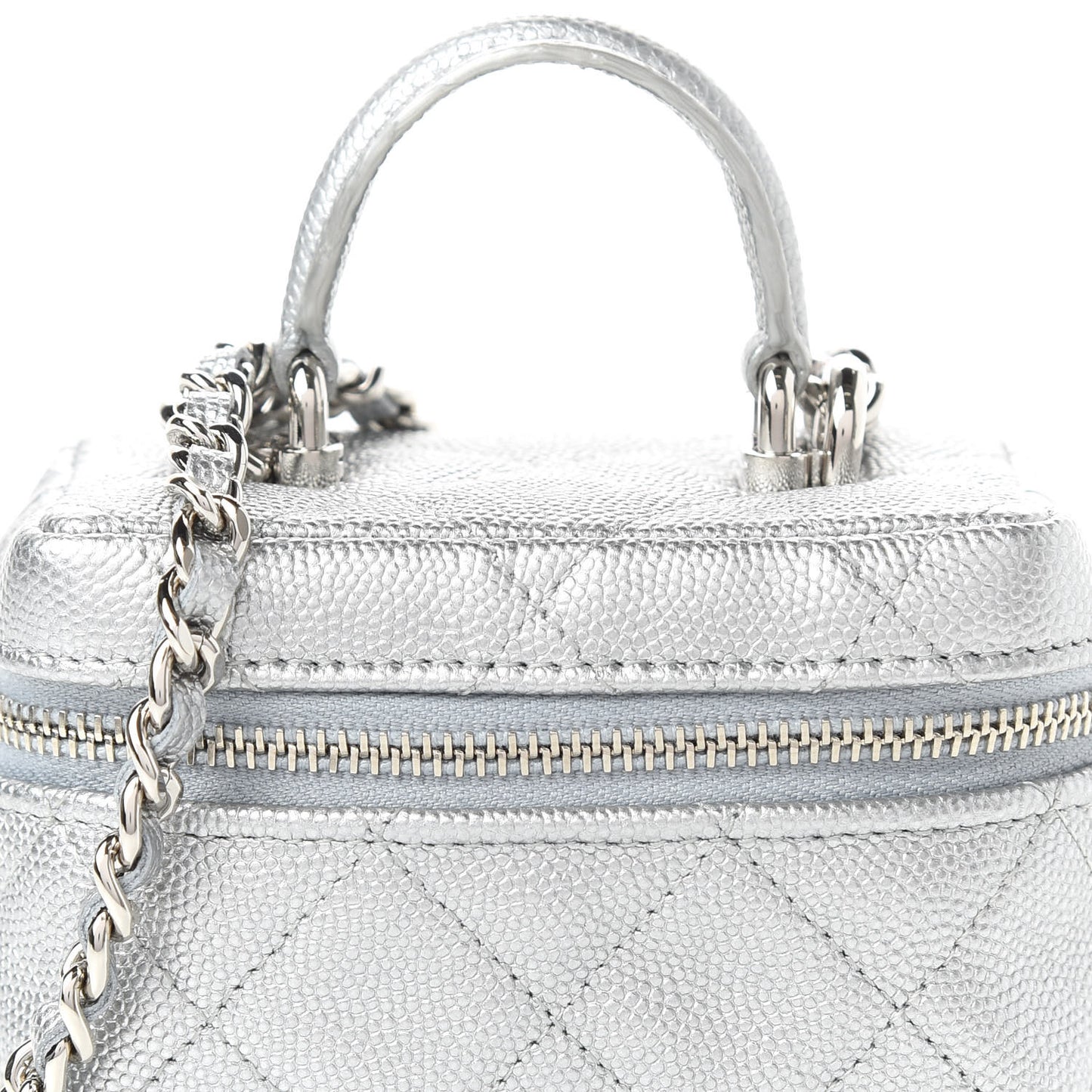 Metallic Caviar Quilted Mini Top Handle Vanity With Chain Silver