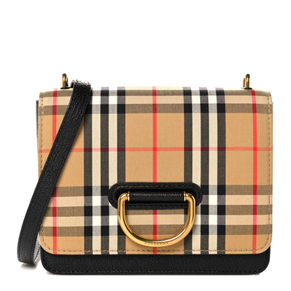 Burberry Goatskin Cotton Canvas Vintage Check Small D-Ring Bag Black Antique Yellow 1 of 11