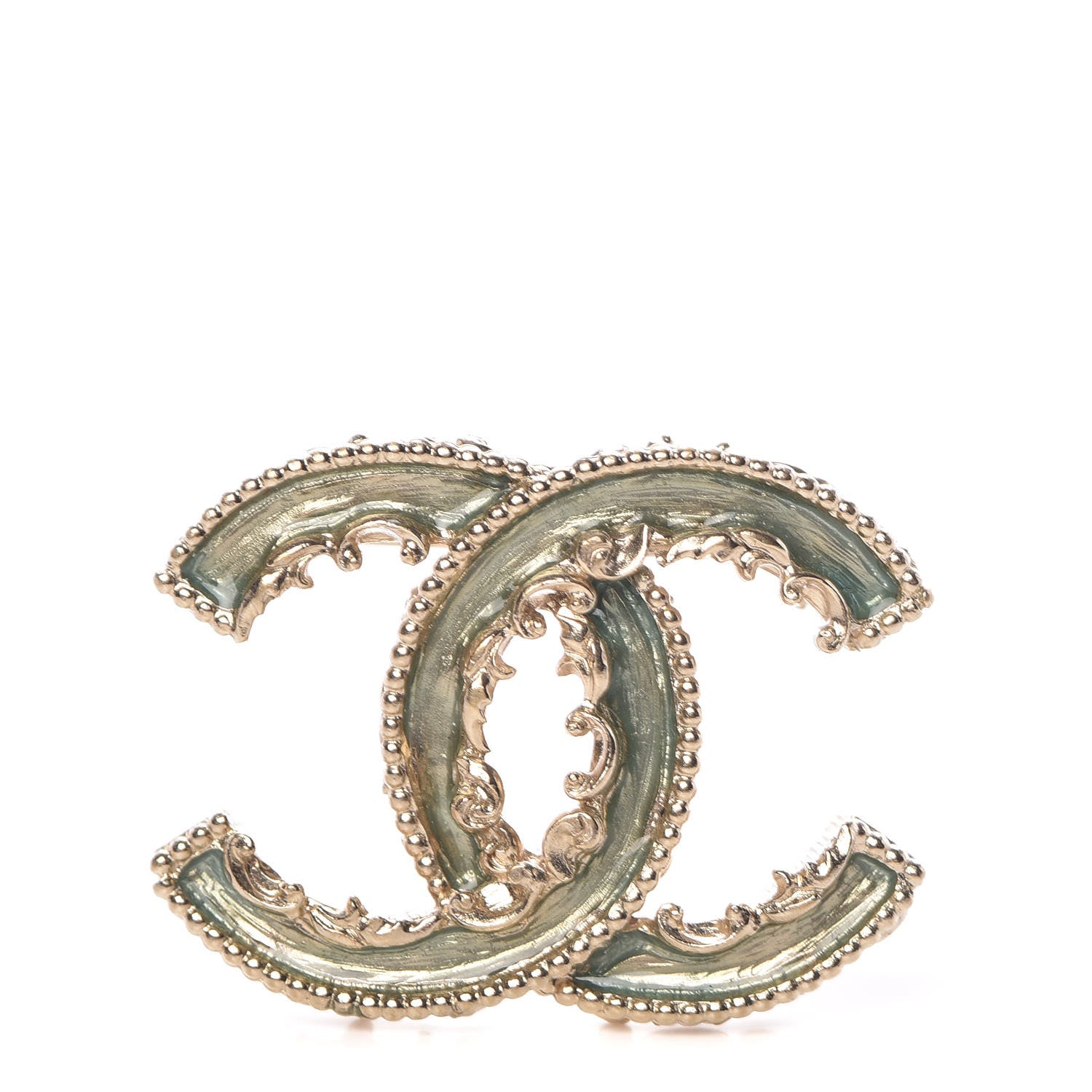 Chanel Enamel CC Baroque Brooch Green Gold 1 of 4