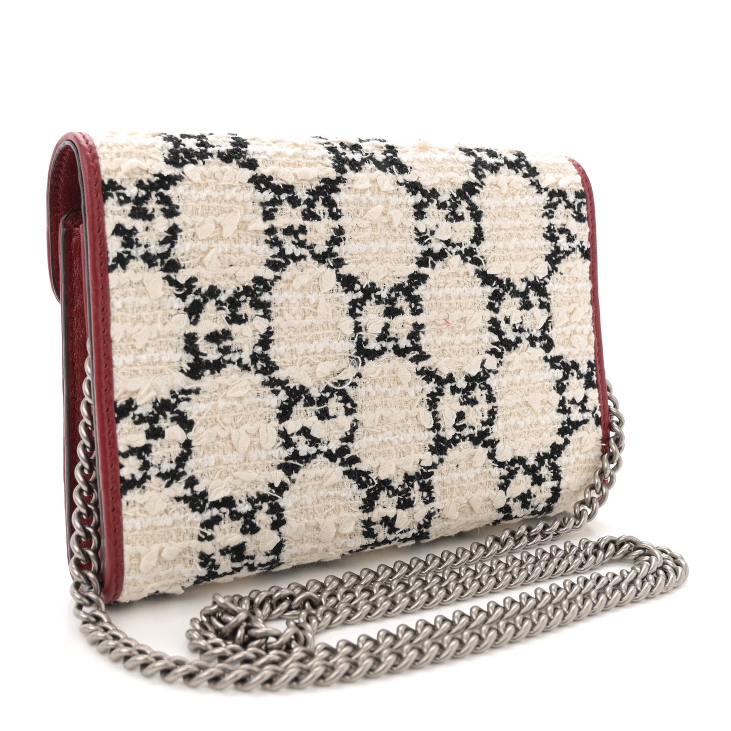 Tweed GG Monogram Mini Dionysus Chain Wallet White Black Romantic Cherry