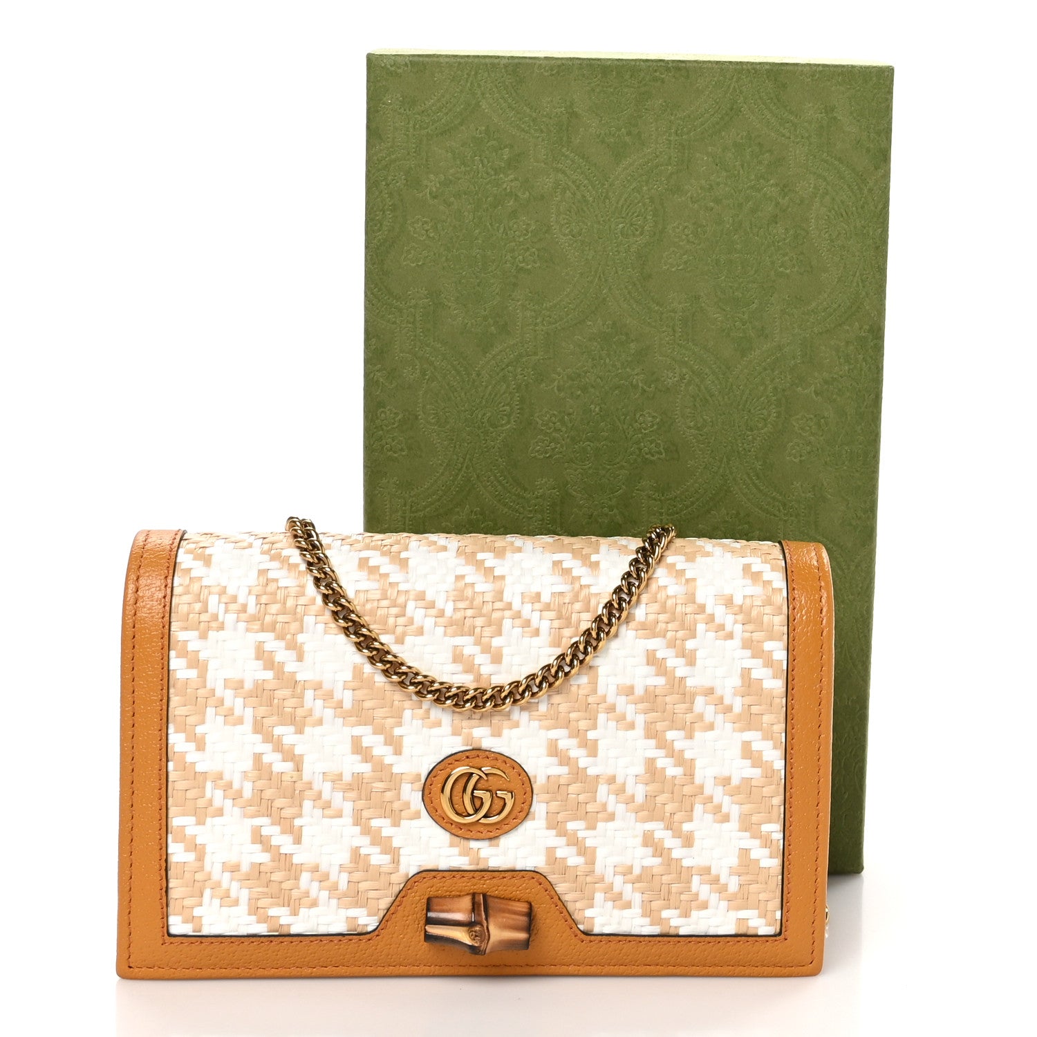 Gucci Polished Raffia Textured Dollar Calfskin Houndstooth Mini Diana Chain Bag Natural Sun Oil Mystic White 11 of 11