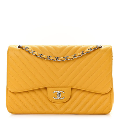 Chanel Caviar Chevron Quilted Jumbo Double Flap Yellow 1 of 11
