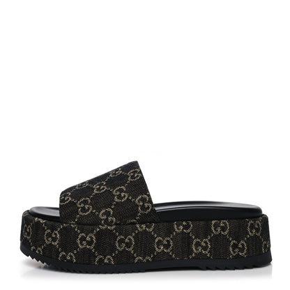 Gucci Jacquard Black Denim GG Monogram Angelina Platform 55mm Slide Sandals 38.5 Black Ivory 1 of 8