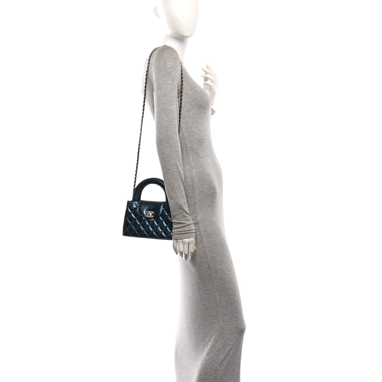 Metallic Aged Calfskin Quilted Nano Kelly Shopper Navy