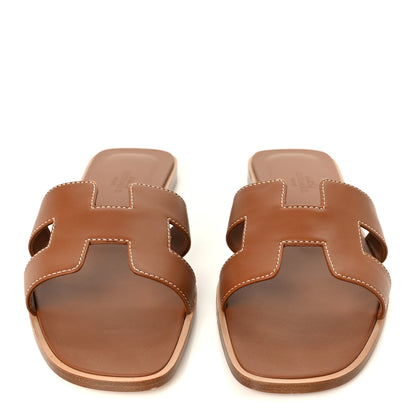 Hermes Box Calfskin Oran Sandals 37.5 Gold 3 of 10