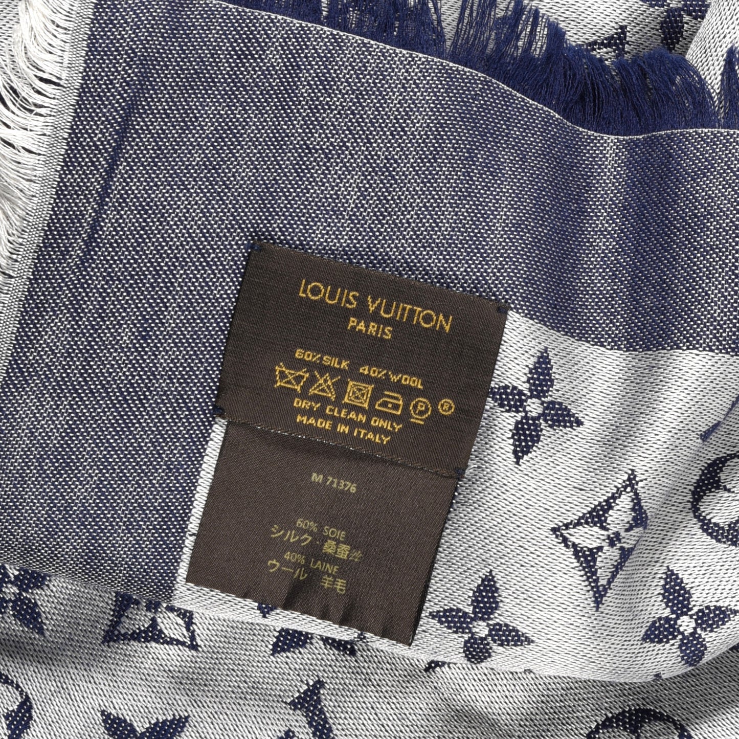 Wool Silk Monogram Denim Shawl Blue