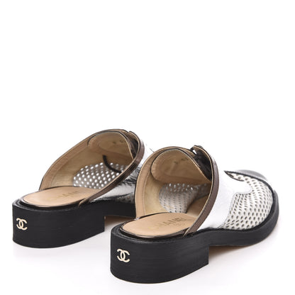 Chanel Lambskin Perforated Cap Toe Lace Up Mules 37.5 Silver Black 4 of 8