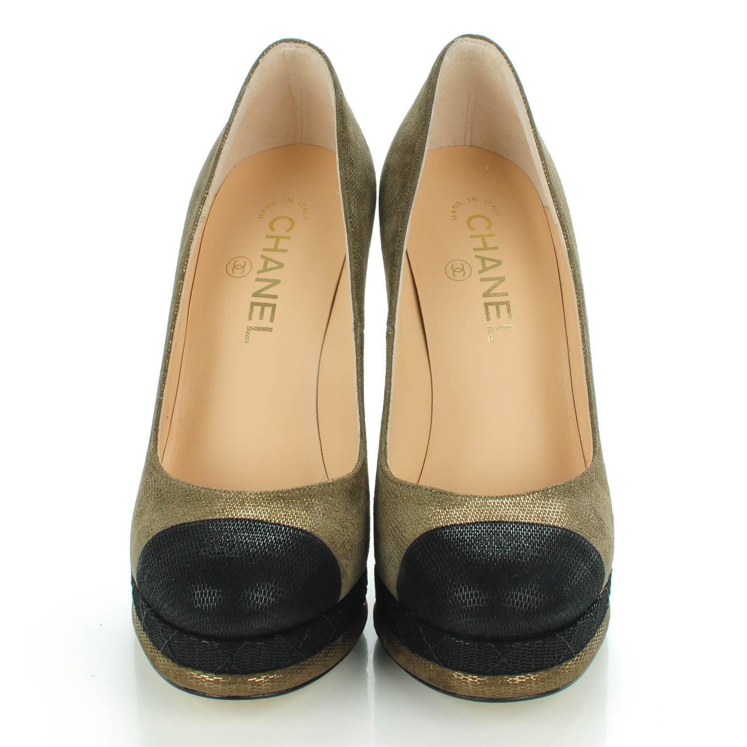 Chanel Metallic Fabric CC Cap Toe Pumps 38.5 Khaki Black 2 of 8
