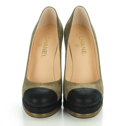 Chanel Metallic Fabric CC Cap Toe Pumps 38.5 Khaki Black 2 of 8