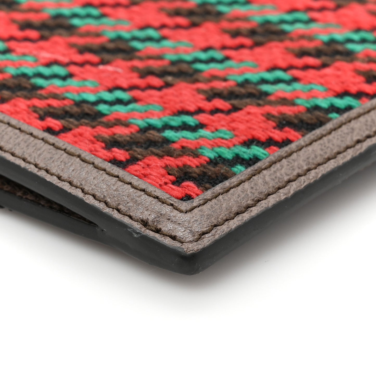 Wool Textured Calfskin Houndstooth Woven Zip Wristlet Pouch Red Green Ivory Multicolor New Acero
