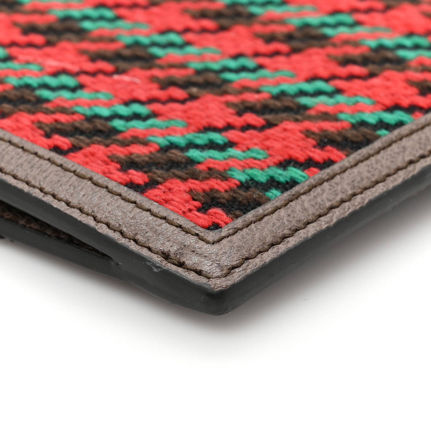 Gucci Wool Textured Calfskin Houndstooth Woven Zip Wristlet Pouch Red Green Ivory Multicolor New Acero 9 of 9