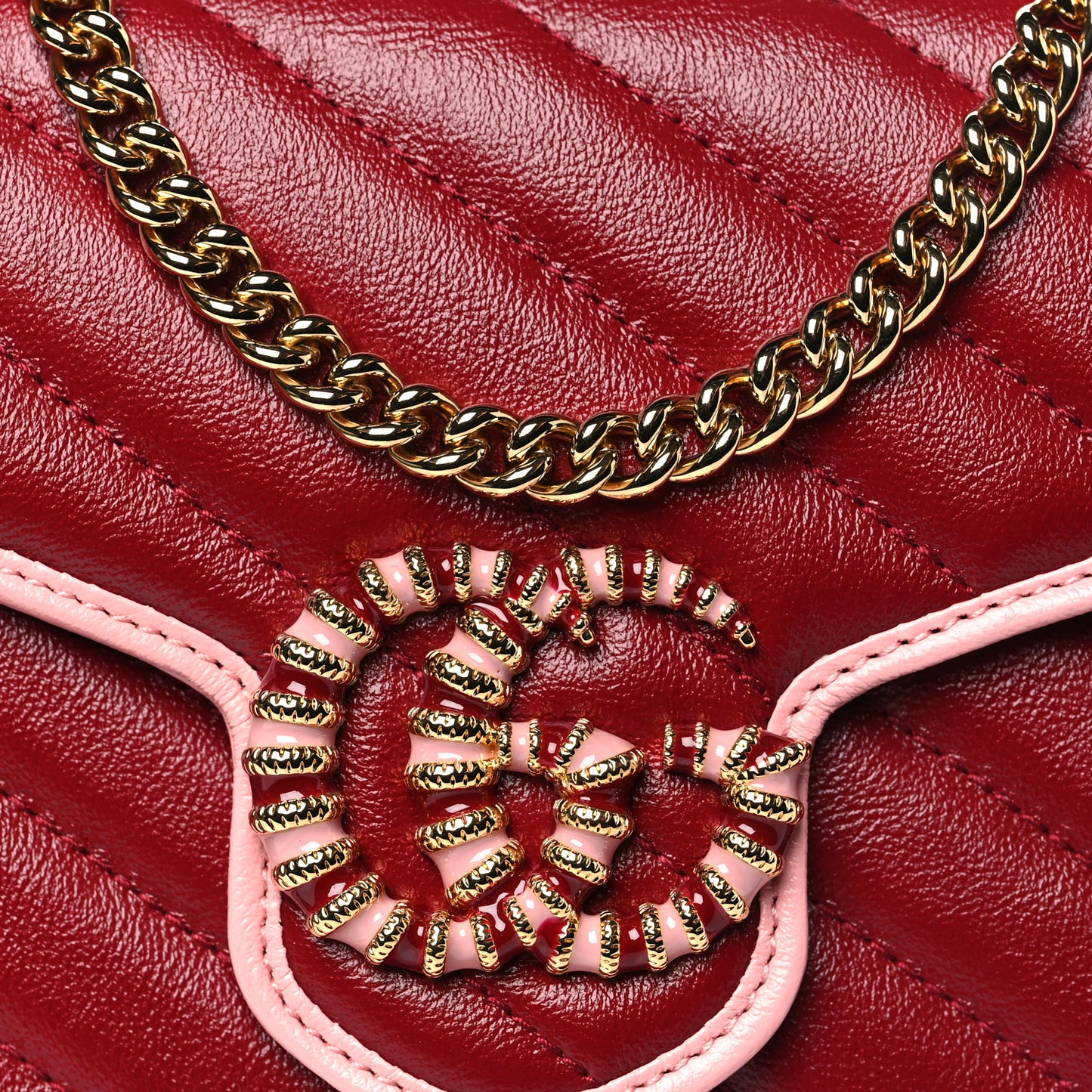 Azalea Calfskin Enamel Matelasse Diagonal Torchon GG Marmont Chain Wallet New Cherry Red Wild Rose