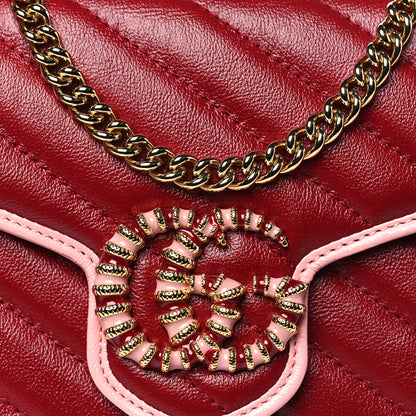 Gucci Azalea Calfskin Enamel Matelasse Diagonal Torchon GG Marmont Chain Wallet New Cherry Red Wild Rose 8 of 11