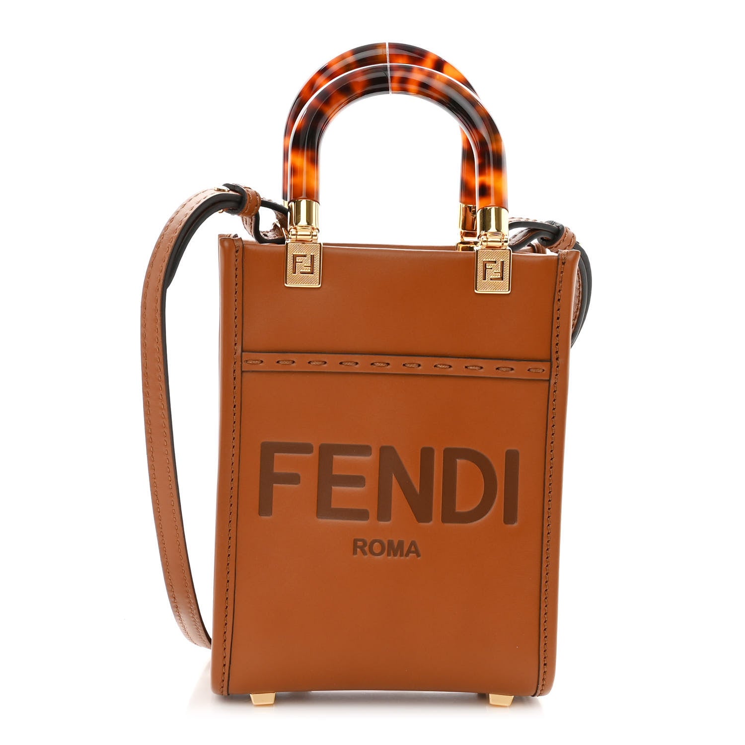 Fendi Vitello King Plexiglass Logo Embossed Mini Fendi Sunshine Shopper Tote Cuoio 1 of 8