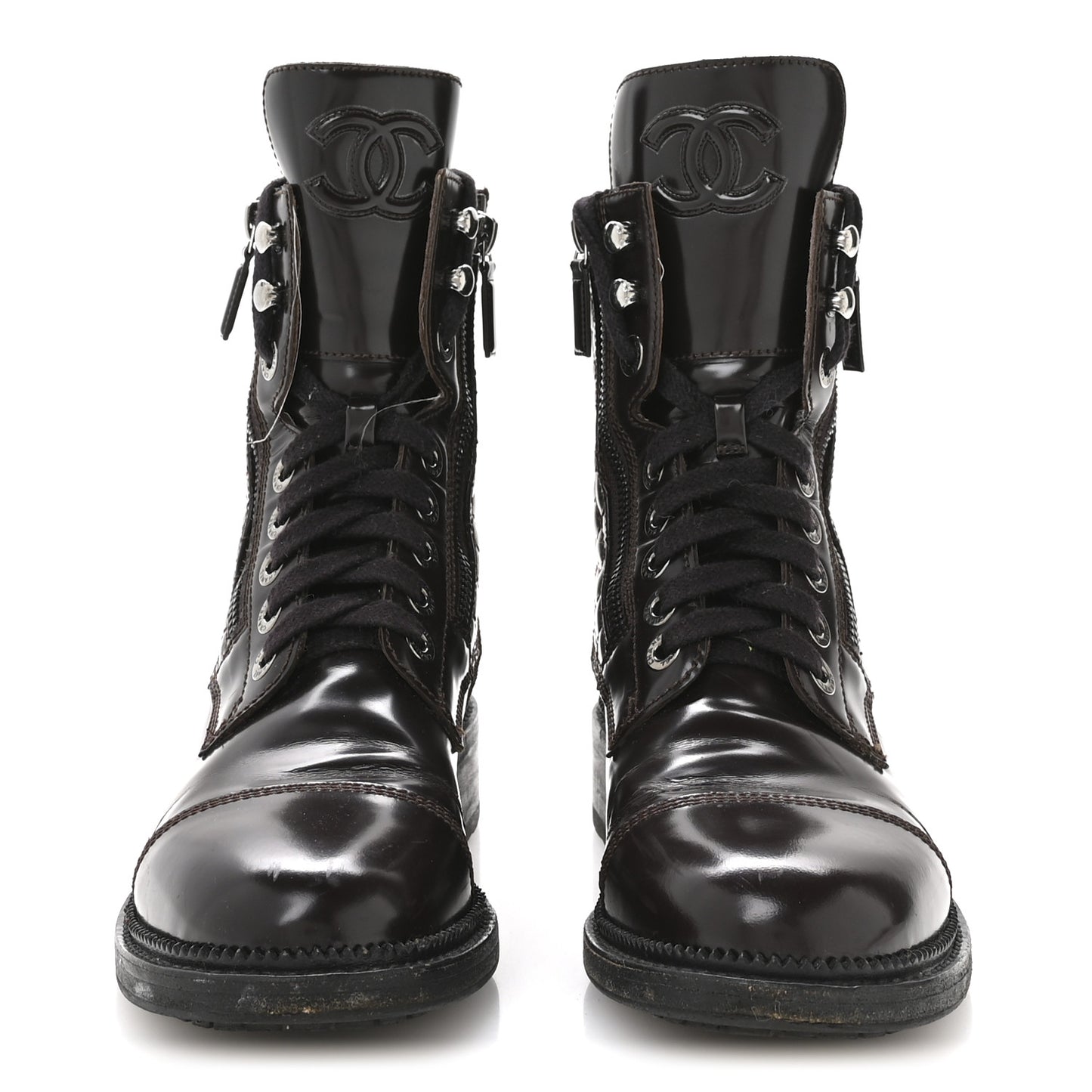 Shiny Calfskin Quilted CC Lace Up Combat Boots 37.5 Dark Burgundy